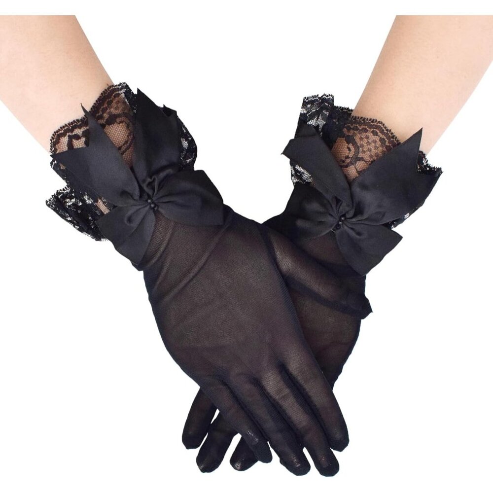 Women's Short St128-Black Lace Open Half Finger Gloves Wedding Party Prom